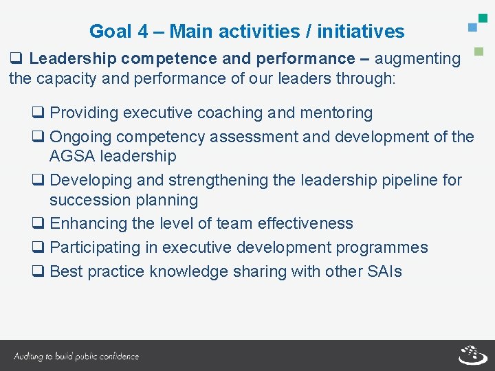 Goal 4 – Main activities / initiatives q Leadership competence and performance – augmenting