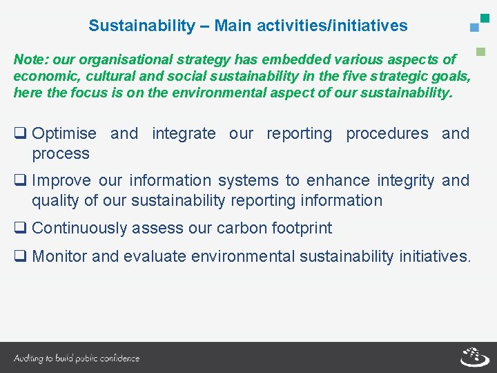 Sustainability – Main activities/initiatives Note: our organisational strategy has embedded various aspects of economic,