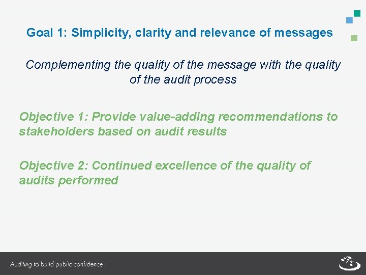 Goal 1: Simplicity, clarity and relevance of messages Complementing the quality of the message