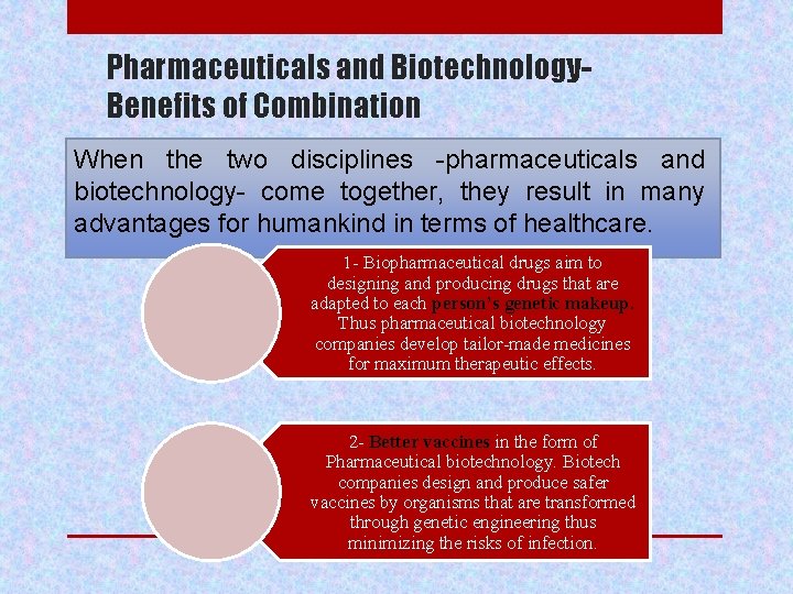 Pharmaceuticals and Biotechnology. Benefits of Combination When the two disciplines -pharmaceuticals and biotechnology- come