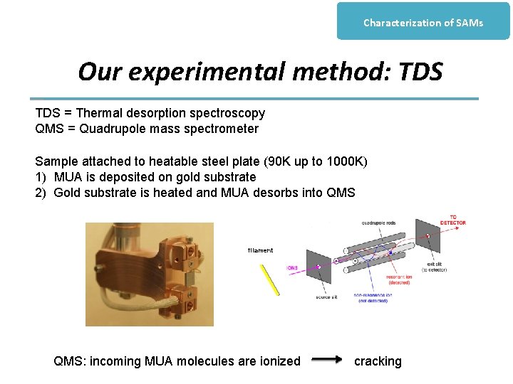 Characterization of SAMs Our experimental method: TDS = Thermal desorption spectroscopy QMS = Quadrupole