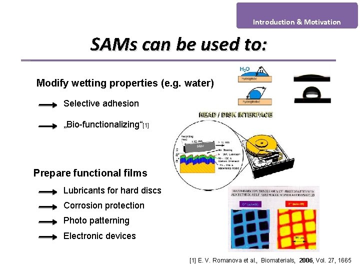 Introduction & Motivation SAMs can be used to: Modify wetting properties (e. g. water)