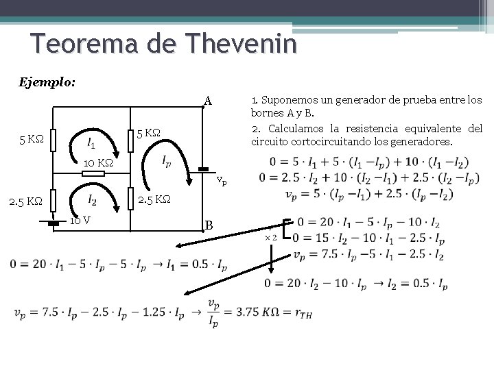Teorema de Thevenin Ejemplo: 1. Suponemos un generador de prueba entre los bornes A