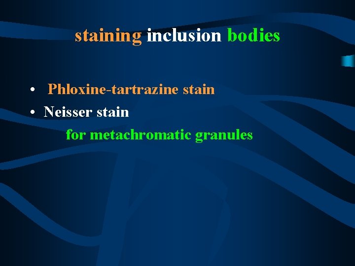 staining inclusion bodies • Phloxine-tartrazine stain • Neisser stain for metachromatic granules 