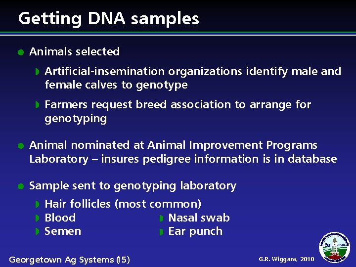 Getting DNA samples Animals selected Artificial-insemination organizations identify male and female calves to genotype