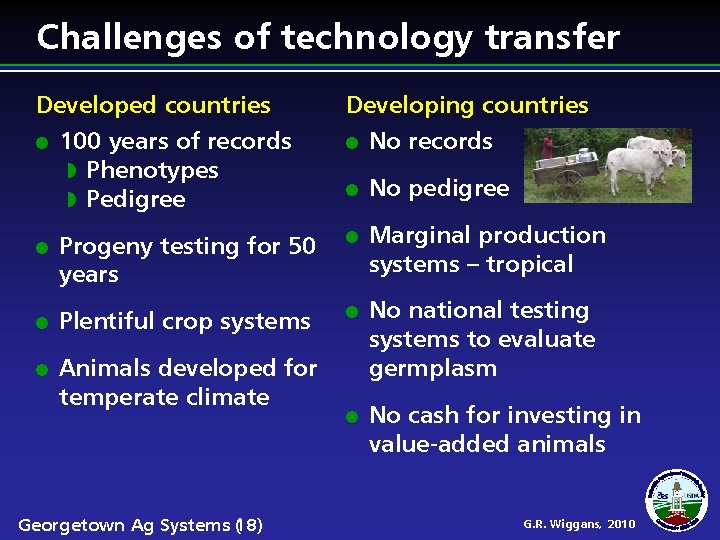 Challenges of technology transfer Developed countries 100 years of records Phenotypes Pedigree Developing countries