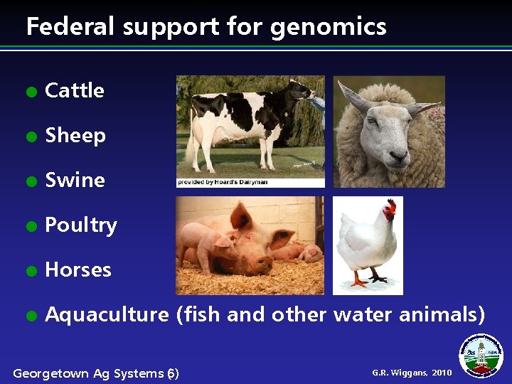 Federal support for genomics Cattle Sheep Swine Poultry Horses Aquaculture (fish and other water
