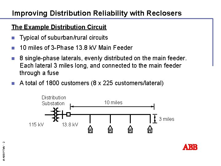 Improving Distribution Reliability with Reclosers The Example Distribution Circuit n Typical of suburban/rural circuits