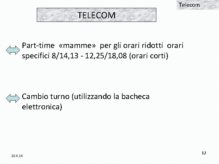 Telecom TELECOM Part-time «mamme» per gli orari ridotti orari specifici 8/14, 13 - 12,