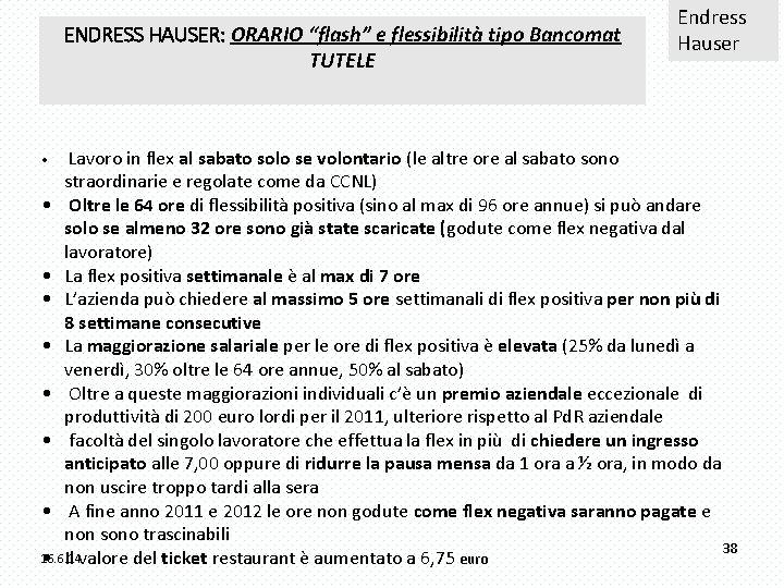 ENDRESS HAUSER: ORARIO “flash” e flessibilità tipo Bancomat TUTELE • Lavoro in flex al