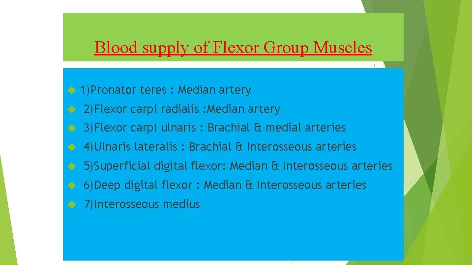 Blood supply of Flexor Group Muscles 1)Pronator teres : Median artery 2)Flexor carpi radialis