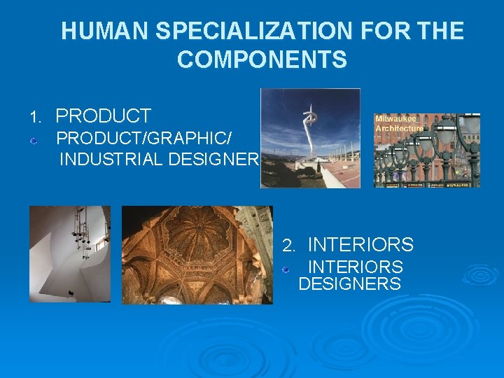 HUMAN SPECIALIZATION FOR THE COMPONENTS 1. PRODUCT/GRAPHIC/ INDUSTRIAL DESIGNERS 2. INTERIORS DESIGNERS 