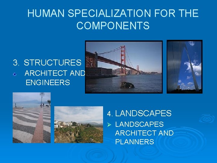 HUMAN SPECIALIZATION FOR THE COMPONENTS 3. STRUCTURES ARCHITECT AND ENGINEERS 4. LANDSCAPES Ø LANDSCAPES