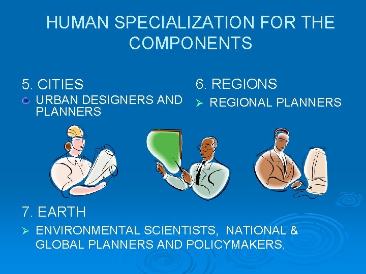 HUMAN SPECIALIZATION FOR THE COMPONENTS 5. CITIES URBAN DESIGNERS AND PLANNERS 6. REGIONS Ø