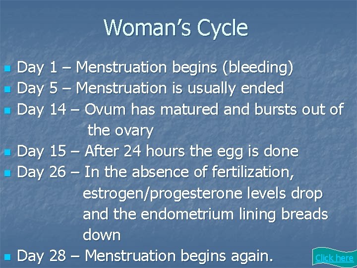 Woman’s Cycle n n n Day 1 – Menstruation begins (bleeding) Day 5 – Woman’s Cycle n n n Day 1 – Menstruation begins (bleeding) Day 5 –