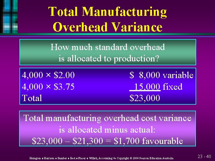 Total Manufacturing Overhead Variance How much standard overhead is allocated to production? 4, 000