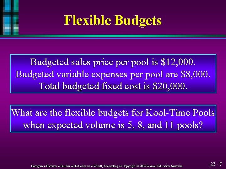 Flexible Budgets Budgeted sales price per pool is $12, 000. Budgeted variable expenses per