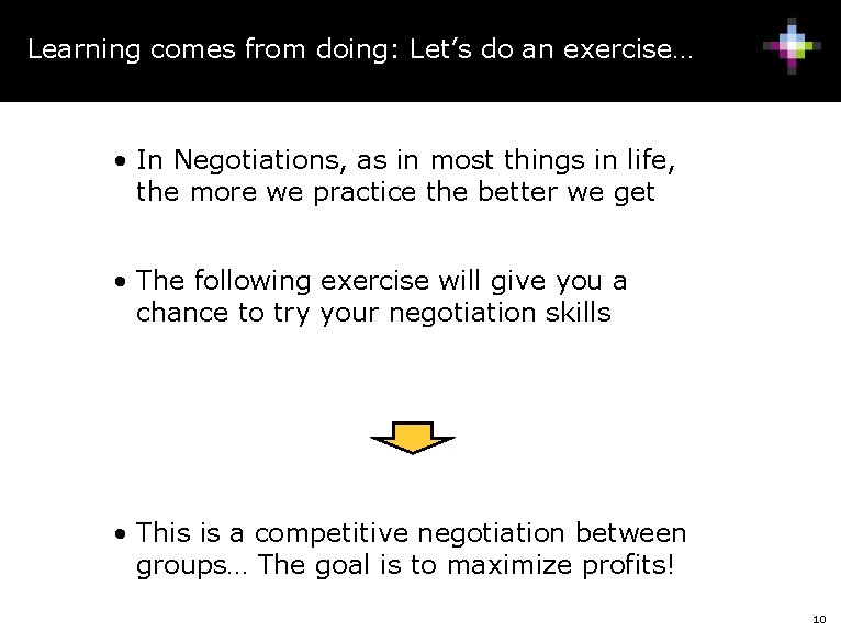 Learning comes from doing: Let’s do an exercise… • In Negotiations, as in most