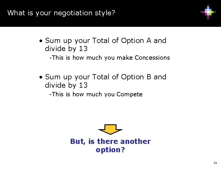 What is your negotiation style? • Sum up your Total of Option A and