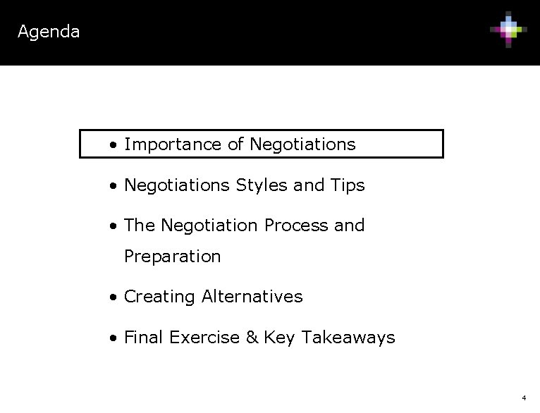 Agenda • Importance of Negotiations • Negotiations Styles and Tips • The Negotiation Process