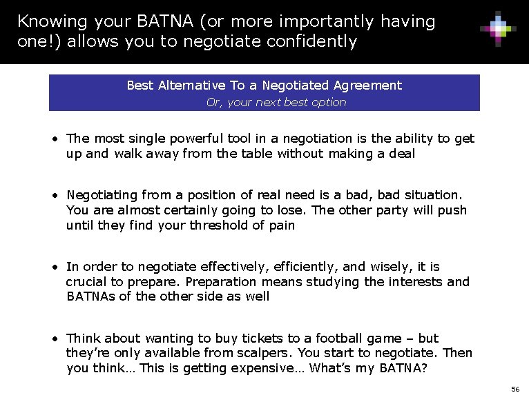 Knowing your BATNA (or more importantly having one!) allows you to negotiate confidently Best