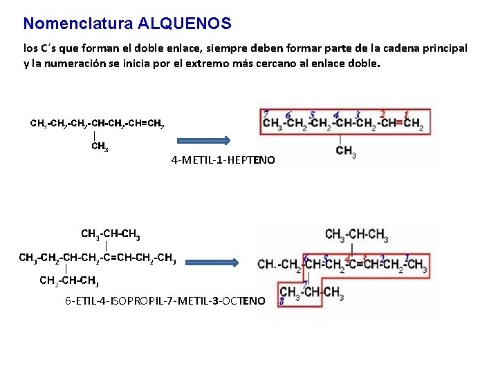 Nomenclatura ALQUENOS los C´s que forman el doble enlace, siempre deben formar parte de