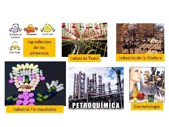 Ingredientes de los alimentos Industria Farmacéutica Industria Textil Industria de la Madera Cosmetología 