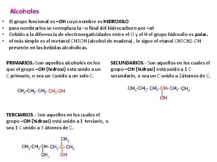 Alcoholes • • El grupo funcional es –OH cuyo nombre es HIDROXILO para nombrarlos