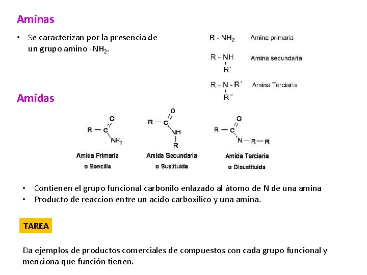 Aminas • Se caracterizan por la presencia de un grupo amino -NH 2. Amidas