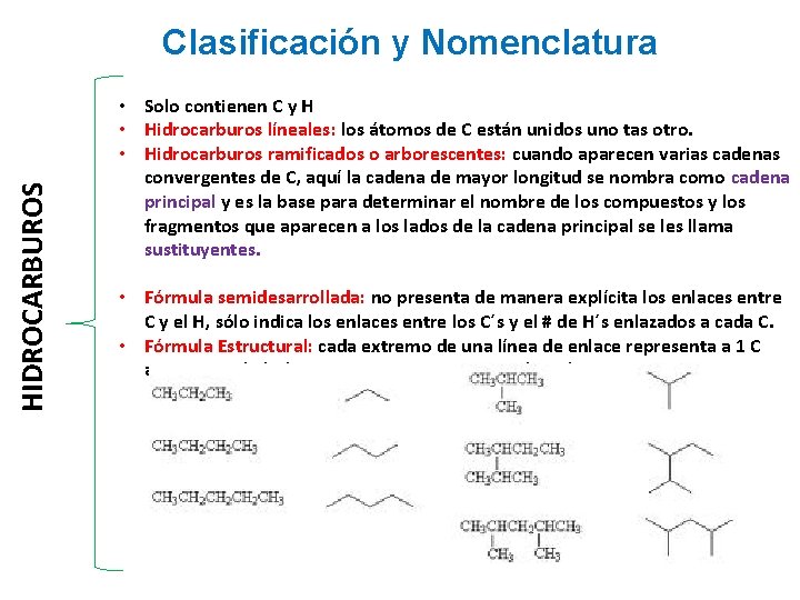 HIDROCARBUROS Clasificación y Nomenclatura • Solo contienen C y H • Hidrocarburos líneales: los