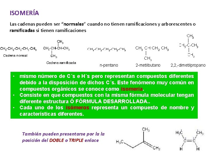 ISOMERÍA Las cadenas pueden ser “normales” cuando no tienen ramificaciones y arborescentes o ramificadas