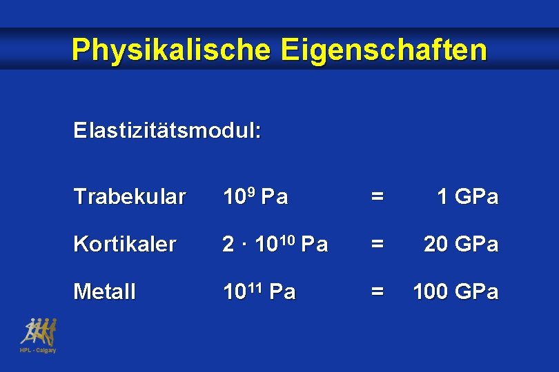 Physikalische Eigenschaften Elastizitätsmodul: Trabekular 109 Pa = 1 GPa Kortikaler 2 · 1010 Pa