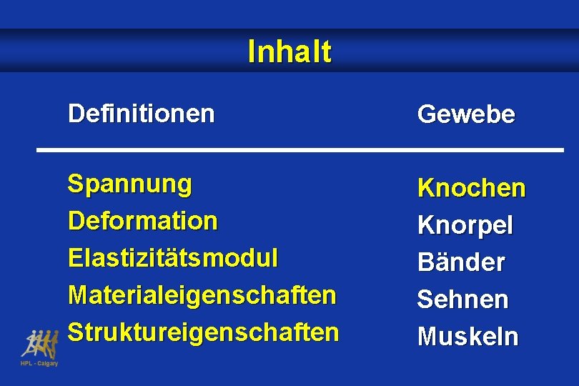 Inhalt Definitionen Gewebe Spannung Deformation Elastizitätsmodul Materialeigenschaften Struktureigenschaften Knochen Knorpel Bänder Sehnen Muskeln 