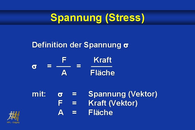 Spannung (Stress) Definition der Spannung mit: = F A = = Kraft Fläche Spannung