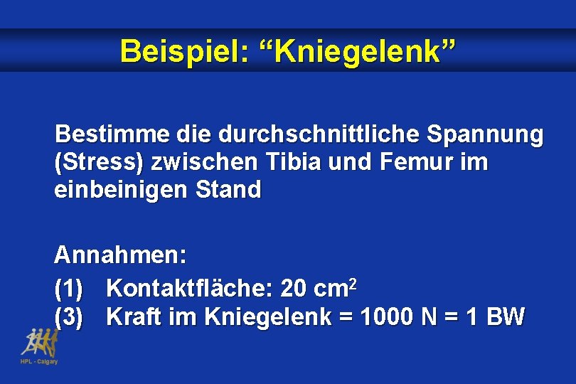 Beispiel: “Kniegelenk” Bestimme die durchschnittliche Spannung (Stress) zwischen Tibia und Femur im einbeinigen Stand
