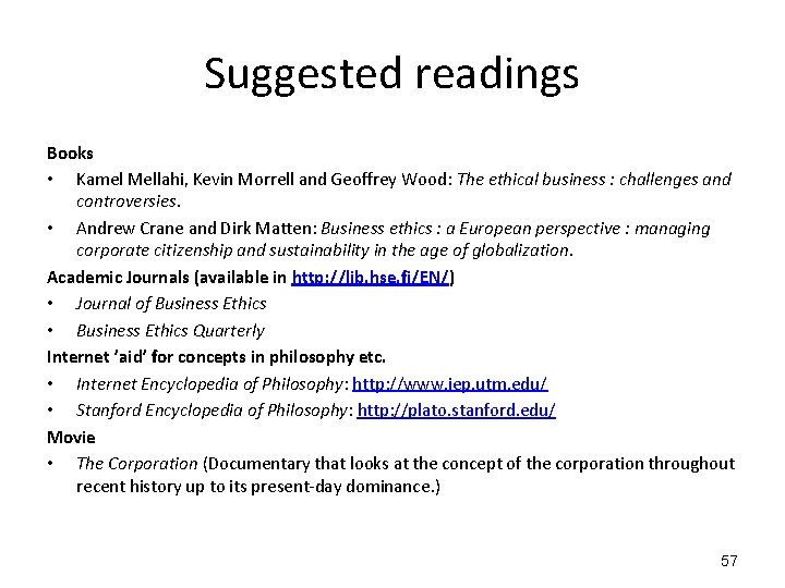 Suggested readings Books • Kamel Mellahi, Kevin Morrell and Geoffrey Wood: The ethical business