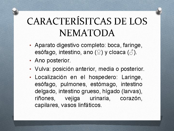 CARACTERÍSITCAS DE LOS NEMATODA • Aparato digestivo completo: boca, faringe, esófago, intestino, ano (♀)