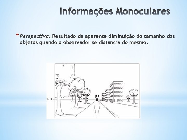 * Perspectiva: Resultado da aparente diminuição do tamanho dos objetos quando o observador se