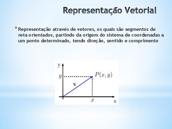 * Representação através de vetores, os quais são segmentos de reta orientados, partindo da