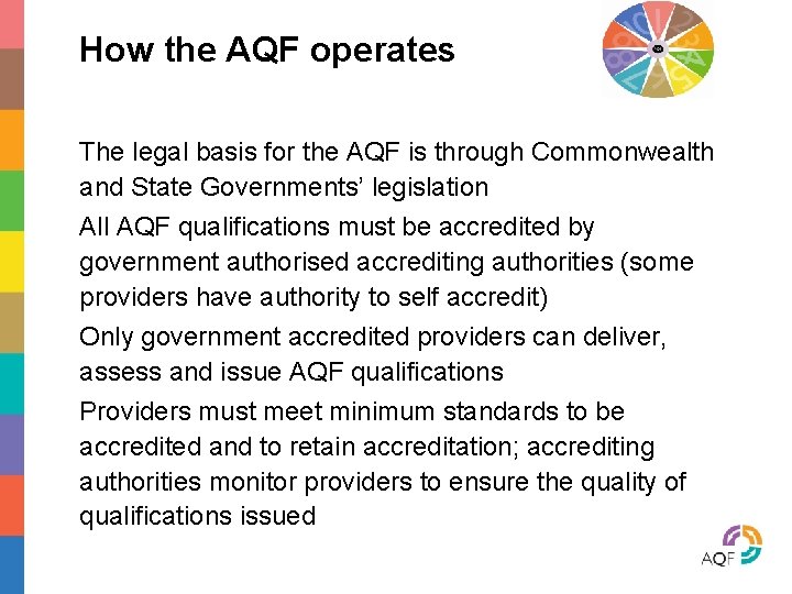 How the AQF operates The legal basis for the AQF is through Commonwealth and