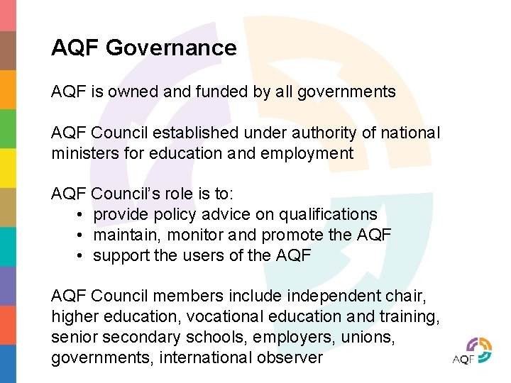 AQF Governance AQF is owned and funded by all governments AQF Council established under
