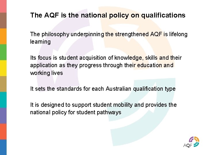 The AQF is the national policy on qualifications The philosophy underpinning the strengthened AQF