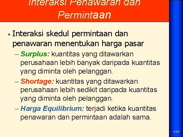 Interaksi Penawaran dan Permintaan • Interaksi skedul permintaan dan penawaran menentukan harga pasar –