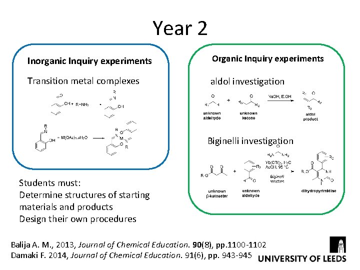 Year 2 Inorganic Inquiry experiments Organic Inquiry experiments Transition metal complexes aldol investigation Biginelli