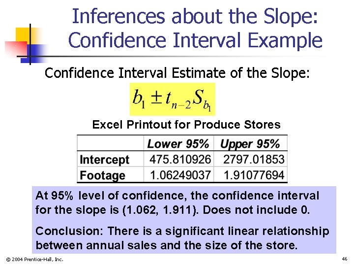 Inferences about the Slope: Confidence Interval Example Confidence Interval Estimate of the Slope: Excel