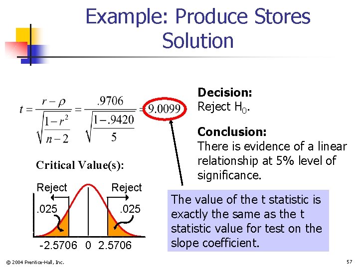 Example: Produce Stores Solution Decision: Reject H 0. Critical Value(s): Reject. 025 -2. 5706