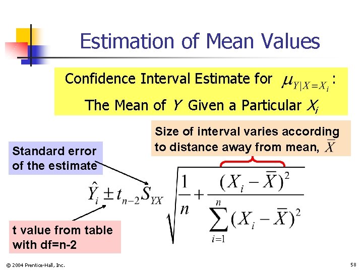 Estimation of Mean Values Confidence Interval Estimate for : The Mean of Y Given