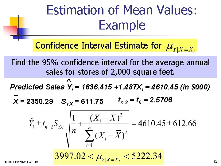 Estimation of Mean Values: Example Confidence Interval Estimate for Find the 95% confidence interval