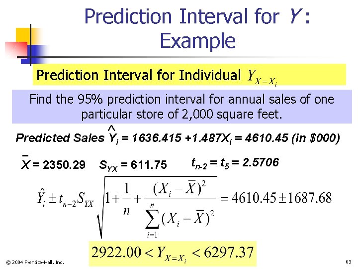 Prediction Interval for Y : Example Prediction Interval for Individual Find the 95% prediction