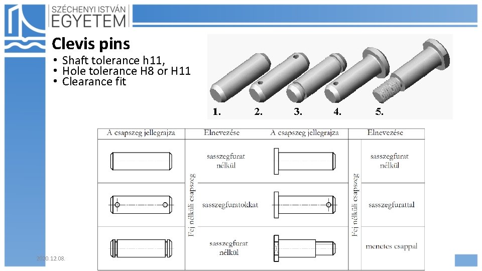 Clevis pins • Shaft tolerance h 11, • Hole tolerance H 8 or H Clevis pins • Shaft tolerance h 11, • Hole tolerance H 8 or H